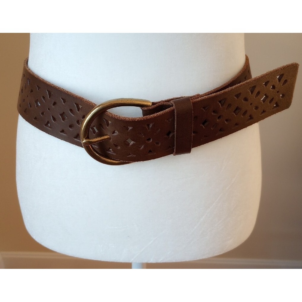Candies Genuine Leather Wide Belt Brass Buckle M 32-36 Laser Cut Design Brown EC